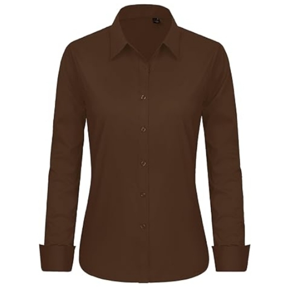 Button Down Long Sleeve Stretch Solid Work Shirt Coffee - Picture 4 of 6